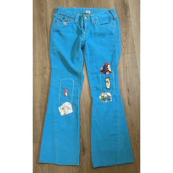 Y2K True Religion Women's Woodstock Embellished Patch Distressed Flare Corduroy - Picture 1 of 8